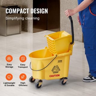 Secchione con Sgocciolatore, Secchio Commerciale da 26 Qt. con Sgocciolatore Laterale, Combo di Secchio e Sgocciolatore a Pressione Laterale su Ruote, per Pulizia Pavimenti Professionale/Industriale/E...