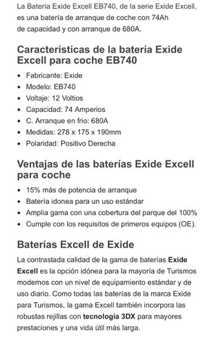 Batería Exide Excell EB740 74Ah Coche