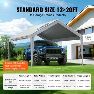 Cubierta de Carport de Reemplazo 12 x 20 pies, Refugio de Carpa Superior para Garaje, Lona Resistente al Agua y Protegida contra UV, Instalación Fácil con Bungee de Bola, Gris (Solo Cubierta Super...