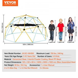 Domo de Escalada, Domo Geométrico de 10FT con Hamaca y Columpio, para Niños de 3 a 10 Años, Gimnasio Jungle que Soporta 750LBS y Fácil Montaje, con Agarre para Escalar, Equipamiento de Juego para ...