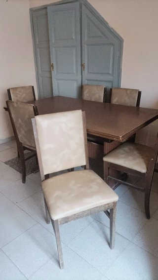 Mesa de comedor de madera y 6 sillas madera/piel
