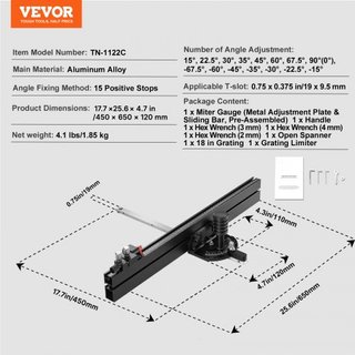 Medidor de Inglete de Precisión, Ranura Estándar 19 x 9.5 mm, Medidor de Inglete de Aleación de Aluminio para Sierra de Mesa con Graduación de 61 cm, 15 Paradas de Ángulo Ajustables, Plunger Carga...