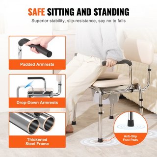 Silla de Comodidad, Comodidad de Lado de Cama con Asiento Acolchado, Brazos Plegables, Altura Ajustable en 7 Niveles, Cubo Extraíble de 5.8L, Fácil de Montar, Capacidad de 350LBS, Inodoro Portátil...