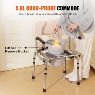 Silla de Comodidad, Comodidad de Lado de Cama con Asiento Acolchado, Brazos Plegables, Altura Ajustable en 7 Niveles, Cubo Extraíble de 5.8L, Fácil de Montar, Capacidad de 350LBS, Inodoro Portátil...