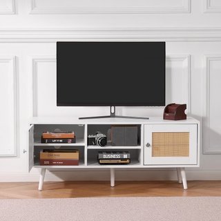 Soporte de TV de Rattan, Gabinete Boho para TV de 55 pulgadas, Soporte de TV de Estilo Moderno de Mediados de Siglo, Consola de TV de Rattan con Estantes Ajustables para Sala de Estar, Sala de Med...