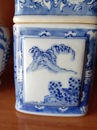 Lote 3 piezas porcelana china azul y blanco una