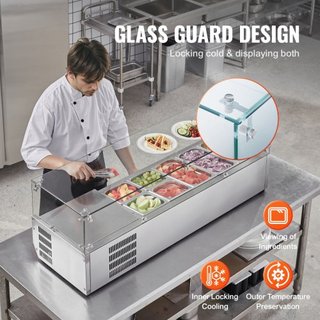 Estación de Preparación de Condimentos Refrigerada, Estación de Condimentos Refrigerada de Encimera de 150 W, con 3 Bandejas de 1/3 y 4 Bandejas de 1/6, Cuerpo de Acero Inoxidable 304 y Tapa de PC...