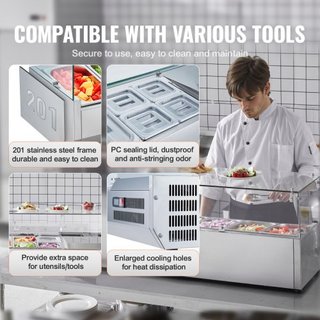 Estación de Preparación de Condimentos Refrigerada, Estación de Condimentos Refrigerada de Encimera de 150 W, con 3 Bandejas de 1/3 y 4 Bandejas de 1/6, Cuerpo de Acero Inoxidable 304 y Tapa de PC...