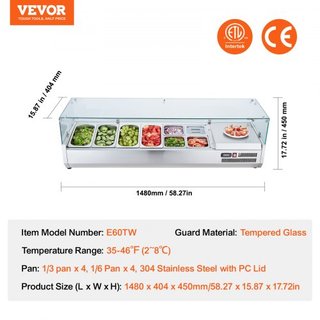 Estación de Preparación de Condimentos Refrigerada, Estación de Condimentos Refrigerada de 155 W para Encimera, con 4 Bandejas de 1/3 y 4 Bandejas de 1/6, Cuerpo de Acero Inoxidable 304 y Tapa de ...