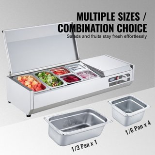 Estación de Preparación de Condimentos Refrigerada, Estación de Condimentos Refrigerada de 140 W para Encimera, con 2 Bandejas de 1/3 y 4 Bandejas de 1/6, Cuerpo de Acero Inoxidable 304 y Tapa de ...