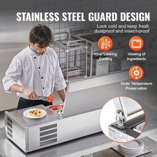 Estación de Preparación de Condimentos Refrigerada, Estación de Condimentos Refrigerada de 140 W para Encimera, con 2 Bandejas de 1/3 y 4 Bandejas de 1/6, Cuerpo de Acero Inoxidable 304 y Tapa de ...