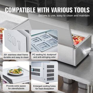 Estación de Preparación de Condimentos Refrigerada, Estación de Condimentos Refrigerada de 140 W para Encimera, con 2 Bandejas de 1/3 y 4 Bandejas de 1/6, Cuerpo de Acero Inoxidable 304 y Tapa de ...