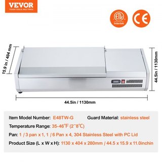 Estación de Preparación de Condimentos Refrigerada, Estación de Condimentos Refrigerada de 140 W para Encimera, con 2 Bandejas de 1/3 y 4 Bandejas de 1/6, Cuerpo de Acero Inoxidable 304 y Tapa de ...