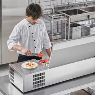 Estación de Preparación de Condimentos Refrigerada, Estación de Condimentos Refrigerada de 140 W para Encimera, con 2 Bandejas de 1/3 y 4 Bandejas de 1/6, Cuerpo de Acero Inoxidable 304 y Tapa de ...