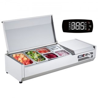 Estación de Preparación de Condimentos Refrigerada, Estación de Condimentos Refrigerada de 140 W para Encimera, con 2 Bandejas de 1/3 y 4 Bandejas de 1/6, Cuerpo de Acero Inoxidable 304 y Tapa de ...