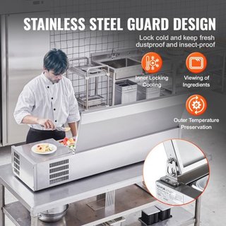 Estación de Preparación de Condimentos Refrigerada, Estación de Condimentos Refrigerada de 155 W para Encimera, con 4 Bandejas de 1/3 y 4 Bandejas de 1/6, Cuerpo de Acero Inoxidable 304 y Tapa de ...