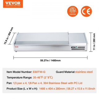 Estación de Preparación de Condimentos Refrigerada, Estación de Condimentos Refrigerada de 155 W para Encimera, con 4 Bandejas de 1/3 y 4 Bandejas de 1/6, Cuerpo de Acero Inoxidable 304 y Tapa de ...