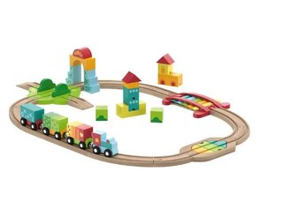 Tren de madera con vagones y bloques Montessori