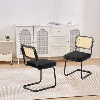 Sillas de Rattan, Juego de 2, Silla de Comedor de Estilo Moderno de Mediados de Siglo, Silla de Acento de Terciopelo Tapizada con Respaldo de Rattan, Silla de Comedor Retro para Sala de Estar, Dor...
