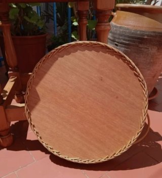 BANDEJA MIMBRE Y MADERA HECHA A MANO ÚNICA