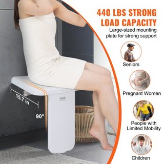Asiento de Ducha Plegable de ABS, 15.7'' x 16.7'' Desplegado, Banco de Ducha Montado en la Pared que se Pliega con Capacidad de Carga de 440 lbs, Silla de Ducha Plegable que Ahorra Espacio para An...