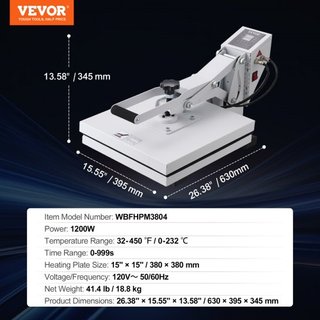 Máquina de Prensa Térmica 15 x 15 in/38.1 x 38.1 cm Impresora de Sublimación para Transferencia de Camisetas DIY