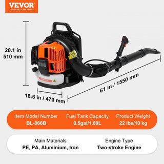Soplador de Hojas de Mochila, Soplador de Hojas de Gas de 63CC y 2 Tiempos con Tanque de Combustible de 1.89L, Volumen de Aire de 1110CFM y Velocidad de 220MPH, Ideal para Cuidado del Césped, Limp...