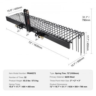 Rastrillo de Paisajismo Remolcado 72"/183 cm Rastrillo Desmalezador de Césped con 32 Púas de Acero