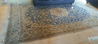 Alfombra antigua de lana beige y azul