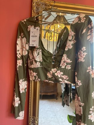 Top Zara Lino Verde Estampado Flores Talla S