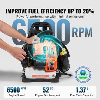 Soplador de Hojas de Mochila, Soplador de Hojas de Gas de 52CC y 2 Tiempos con Tanque de Combustible de 1.37L, Volumen de Aire de 480CFM y Velocidad de 175MPH, Ideal para Cuidado del Césped, Limpi...