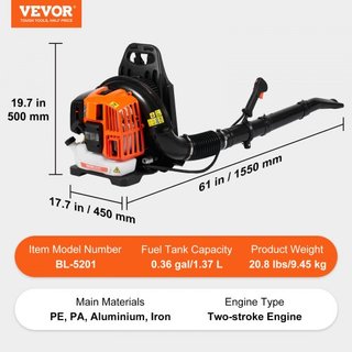 Soplador de Hojas de Mochila, Soplador de Hojas de Gas de 52CC y 2 Tiempos con Tanque de Combustible de 1.37L, Volumen de Aire de 480CFM y Velocidad de 175MPH, Ideal para Cuidado del Césped, Limpi...