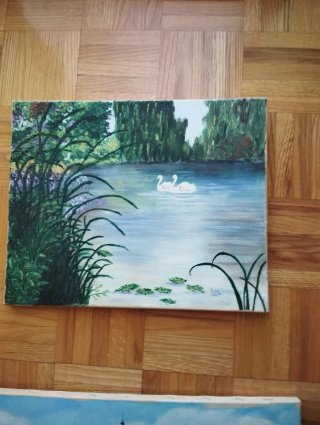 Cuadro al óleo cisnes lago