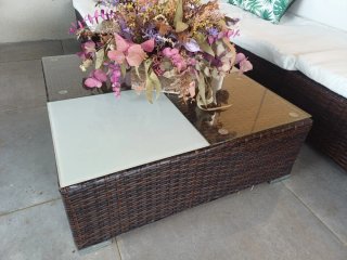 Conjunto Sofá Exterior Ratán Marrón y Blanco