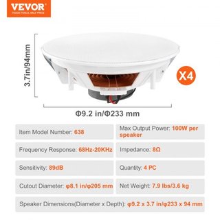4PCs 8 in/20.3 cm Altavoces de Techo 100W Montaje Empotrado en Techo y en Pared