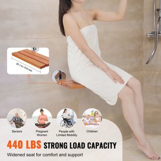 Asiento de Ducha Plegable de Teak, 20.1" x 13.2" Desplegado, Banco de Ducha Montado en la Pared que se Pliega con Capacidad de Carga de 440 lbs, Silla de Ducha Plegable para el Hogar que Ahorra Es...
