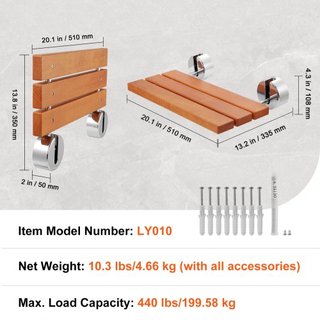 Asiento de Ducha Plegable de Teak, 20.1" x 13.2" Desplegado, Banco de Ducha Montado en la Pared que se Pliega con Capacidad de Carga de 440 lbs, Silla de Ducha Plegable para el Hogar que Ahorra Es...