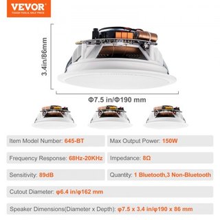 4 PCs 6.5"/16.5 cm Altavoces de Techo Bluetooth 150W Montaje Empotrado en Pared