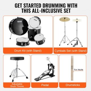Juego de Batería para Adultos, 5 Piezas, Kit de Batería Completo de 22 Pulgadas con Bombo, Toms, Caja, Batería de Piso, Silla Ajustable, Soportes, Platillo, Pedal de Hi-Hat y Palillos, Kit de Bate...