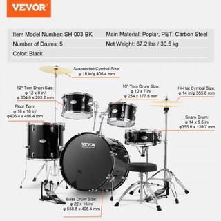 Juego de Batería para Adultos, 5 Piezas, Kit de Batería Completo de 22 Pulgadas con Bombo, Toms, Caja, Batería de Piso, Silla Ajustable, Soportes, Platillo, Pedal de Hi-Hat y Palillos, Kit de Bate...