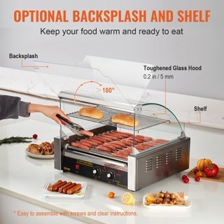 Máquina de Cocción de Salchichas Eléctrica 30 Hot Dog 11 Roller Grill con Estante y Respaldo 2.2KW