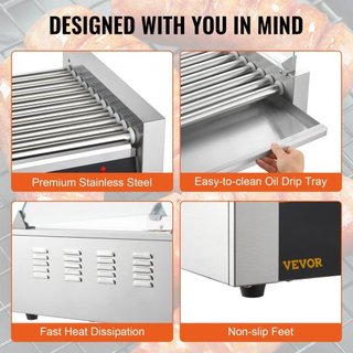 Máquina de Cocción de Salchichas Eléctrica 30 Hot Dog 11 Roller Grill con Estante y Respaldo 2.2KW