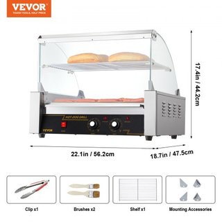 Máquina de Cocción de Salchichas Eléctrica 30 Hot Dog 11 Roller Grill con Estante y Respaldo 2.2KW