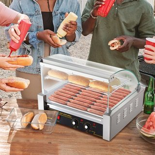 Máquina de Cocción de Salchichas Eléctrica 30 Hot Dog 11 Roller Grill con Estante y Respaldo 2.2KW