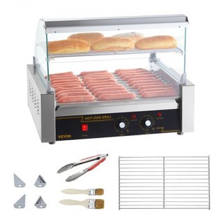 Máquina de Cocción de Salchichas Eléctrica 30 Hot Dog 11 Roller Grill con Estante y Respaldo 2.2KW