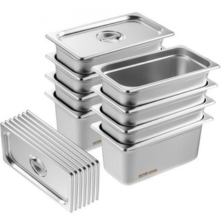 8 Paquete de Sartenes de Hotel, Sartén de Vapor Anti-Jam de Tamaño 1/3 con Tapa, Sartén de Mesa de Acero Inoxidable de 0.8 mm de Grosor, Sartén de Mesa Comercial de 6 Pulgadas de Profundidad, Sart...