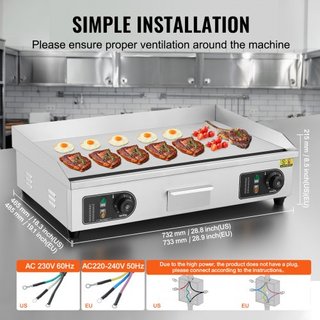 Plancha Eléctrica Comercial, Parrilla de Superficie de 4400W, Temperatura Ajustable de 122℉-572℉, 28.74 x 15.75 x 0.39in Parrilla de Acero Inoxidable con 2 Espátulas, para Hogar o Restaurante (Sin...