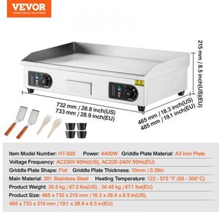 Plancha Eléctrica Comercial, Parrilla de Superficie de 4400W, Temperatura Ajustable de 122℉-572℉, 28.74 x 15.75 x 0.39in Parrilla de Acero Inoxidable con 2 Espátulas, para Hogar o Restaurante (Sin...