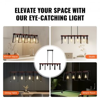 Lámparas colgantes de isla de cocina de 4 luces, 60W, accesorio de luz de comedor ajustable con 2 x 6" y 6 x 12" varillas, candelabros lineales de metal industrial para comedor, E27