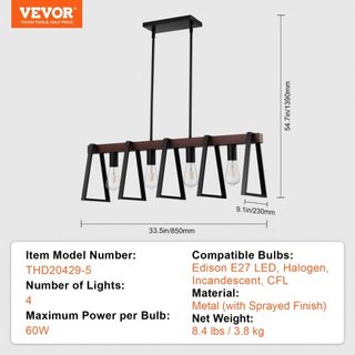 Lámparas colgantes de isla de cocina de 4 luces, 60W, accesorio de luz de comedor ajustable con 2 x 6" y 6 x 12" varillas, candelabros lineales de metal industrial para comedor, E27